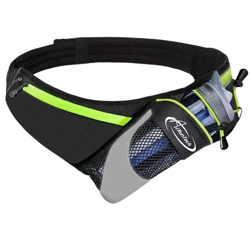 RunTech Black Neon Running Hydration Belt Water Bottle Holder Fanny Pack